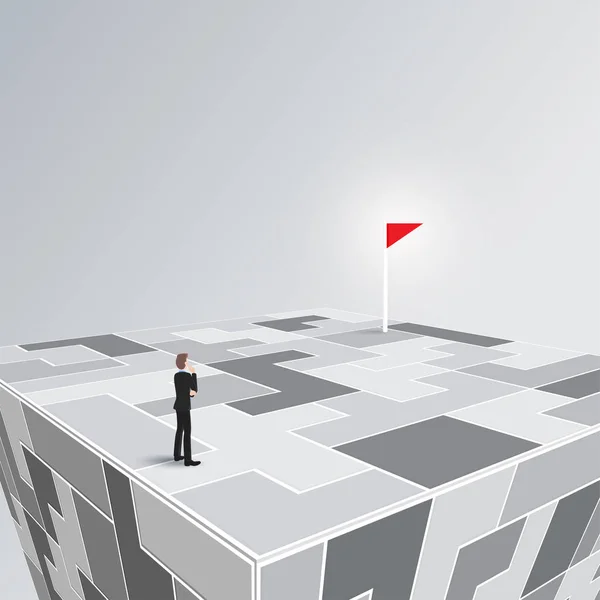 İşadamı, bulmaca dünyasında hedefe, hedefe, hedefe giden yolu düşünür. Vektör illüstrasyon kavramı başarı, problem çözme, karışıklık, çözüm, meydan okuma.