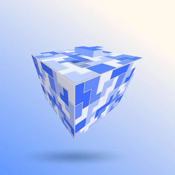 Mavi ve beyaz bulmaca parçaları küp şeklinde bir araya koymak, soyut arka plan. Vektör illüstrasyon perspektif görünümü.