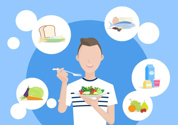Sağlıklı yiyecekler yiyen genç adam, 5 besin grubu, organik. Sağlıklı yaşam tarzı ve doğru beslenme Vecter illüstrasyon karikatür karakter tarzı kavramı.