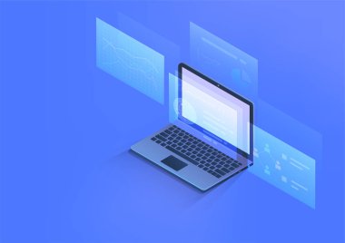 İzometrik labtop, veri analiz çizelgeleri ile 3d bilgisayar defteri, ekranda grafikler. Vektör illüstrasyon iş teknolojisi kavramı.