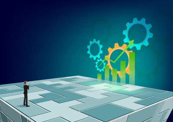 İşadamı iş, iş, bulmaca yerde artırmak için yol düşünüyorum. Vektör illüstrasyon kavramı başarı, problem çözme, karışıklık, çözüm, meydan okuma.