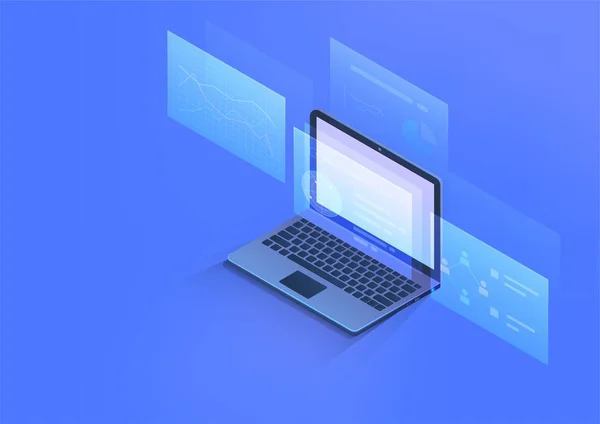 İzometrik labtop, veri analiz çizelgeleri ile 3d bilgisayar defteri, ekranda grafikler. Vektör illüstrasyon iş teknolojisi kavramı.