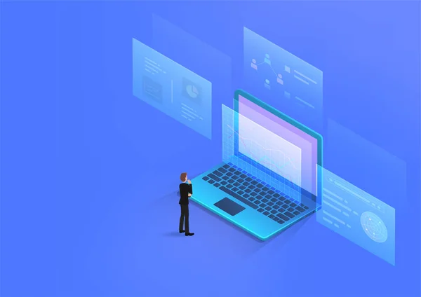 İşadamı veri analizi grafikleri, dizüstü bilgisayar ekranında grafikler ve düşünme bakıyor. Vektör illüstrasyon isometrik 3d tarzı iş karar kavramı ile.