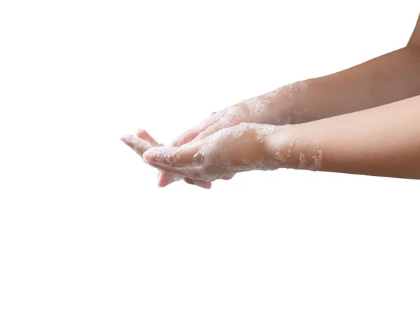 Closeup Lavagem Das Mãos Mulher Mãos Limpeza Fundo Branco — Fotografia de Stock