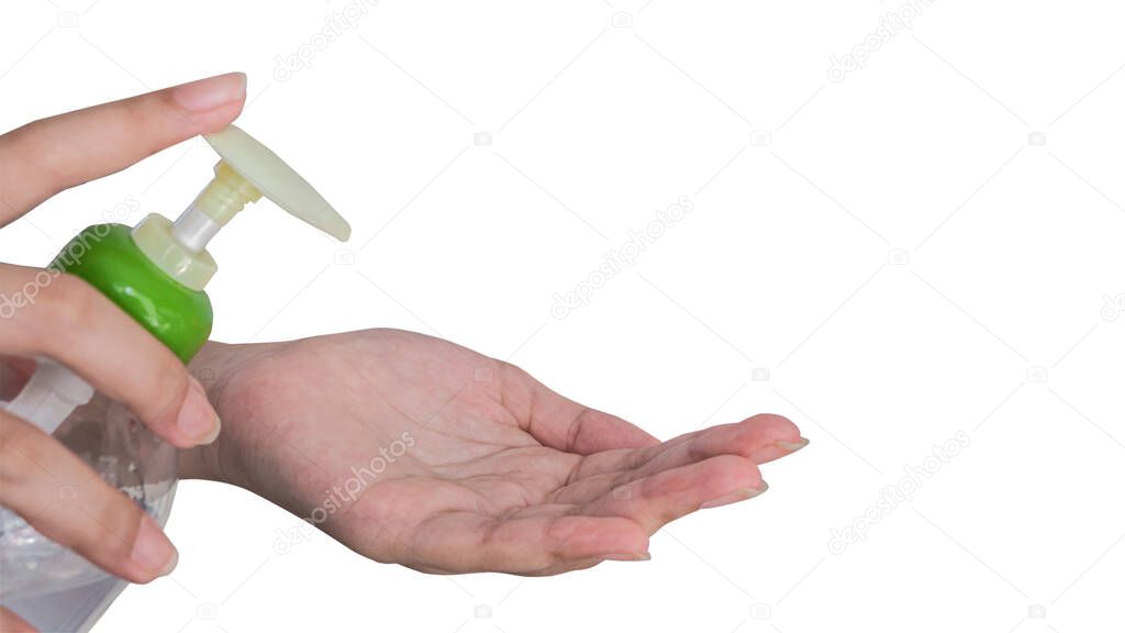 Asian women using hands Press the pump on the hand sanitizer bottle which contains alcohol gel over whie background, clipping path