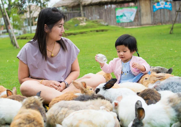 Menina Mãe Com Coelho — Fotografia de Stock