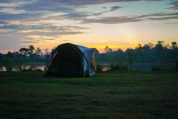 travel tent on yellow flower field and mountain view