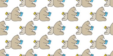 Dikişsiz desen kutup ayısı kitap izole vektör arka plan duvar kağıdı illüstrasyon karikatür okuma ayı