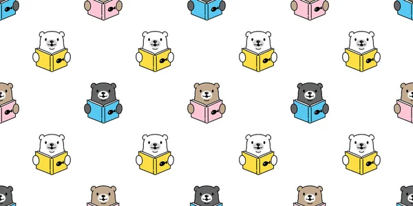 Bear Seamless Pattern Vector Polar Bear Reading Book Teddy Panda — Stock Vector