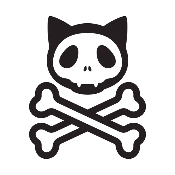 Gatto Cranio Crossbones Vettoriale Icona Logo Pirata Halloween Gattino Cartone — Vettoriale Stock