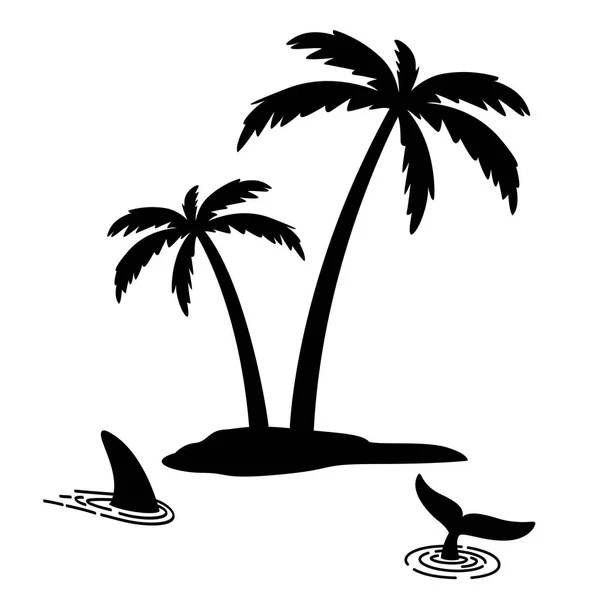 Haai Fin Pictogram Eiland Palm Tree Kokosnoot Logo Dolfijn Karakter — Stockvector