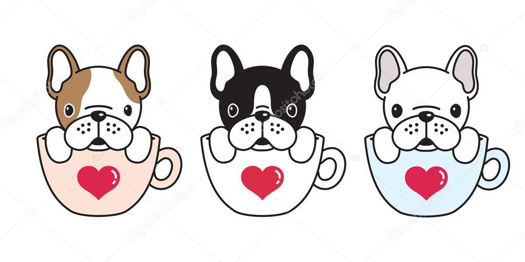 Dog vector french bulldog heart valentine cartoon illustration dog bone coffee cup