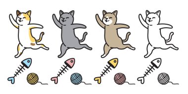 kedi vektör simgesi yavru kedi logo alaca çizgi film karakteri balık somon iplik topu illüstrasyon doodle