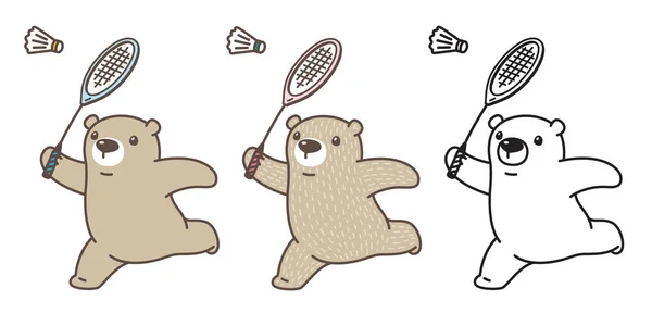 Björn Vektor Isbjörn Ikonen Logotyp Badminton Racket Tecknad Karaktär Illustration — Stock vektor