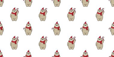 Dikişsiz desen Noel vektör kutup ayısı şeker kamışı Santa claus şapka çizgi film izole eşarp döşeme arka plan duvar kağıdı ayı