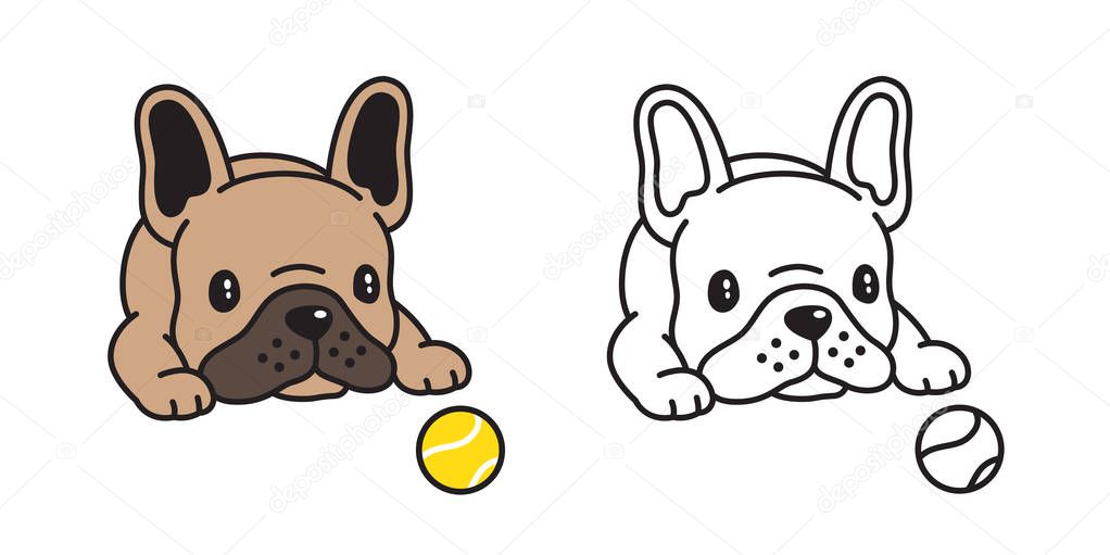 Dog vector french bulldog icon logo tennis ball toy cartoon character illustration symbol doodle brown