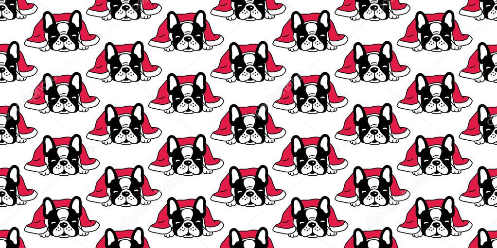 Dog seamless pattern french bulldog vector sleeping blanket Christmas cartoon illustration scarf isolated tile background repeat wallpaper