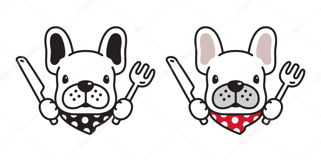 Dog vector french bulldog icon logo eating food knife fork scarf cartoon character illustration