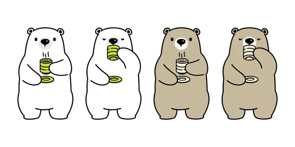 ベクトル シロクマお茶コーヒーを飲む漫画キャラ アイコン分離ロゴ イラスト — ストックベクタ