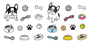Köpek vektör Fransız buldozer simgesi pençe kemik gıda kase top oyuncak ayak izi çizgi film karakteri illüstrasyon doodle