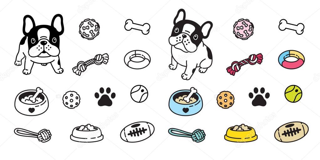 Dog vector french bulldog icon paw bone food bowl ball toy footprint cartoon character illustration doodle