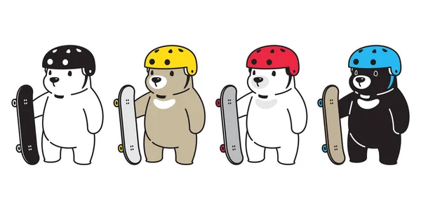 Ведмідь Ведмідь Ведмідь Білий Ведмідь Скейтборд Шолом Мультфільм Символ Значок — стоковий вектор