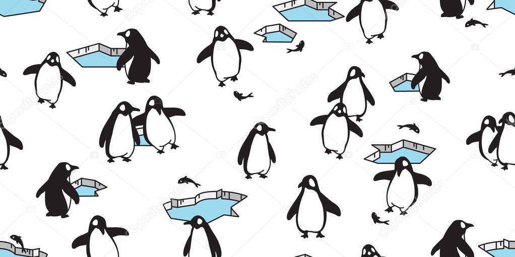 penguin Seamless pattern vector fish salmon iceberg bird cartoon scarf isolated tile background repeat wallpaper illustration doodle