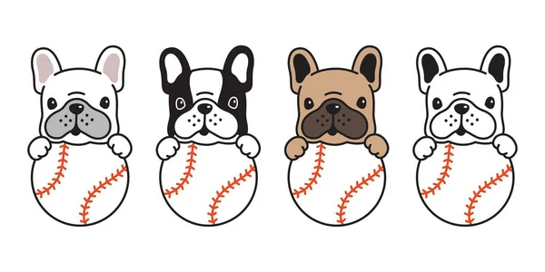 Hund Vektor Franska Bulldog Baseball Ikon Ball Karaktär Tecknad Pet — Stock vektor