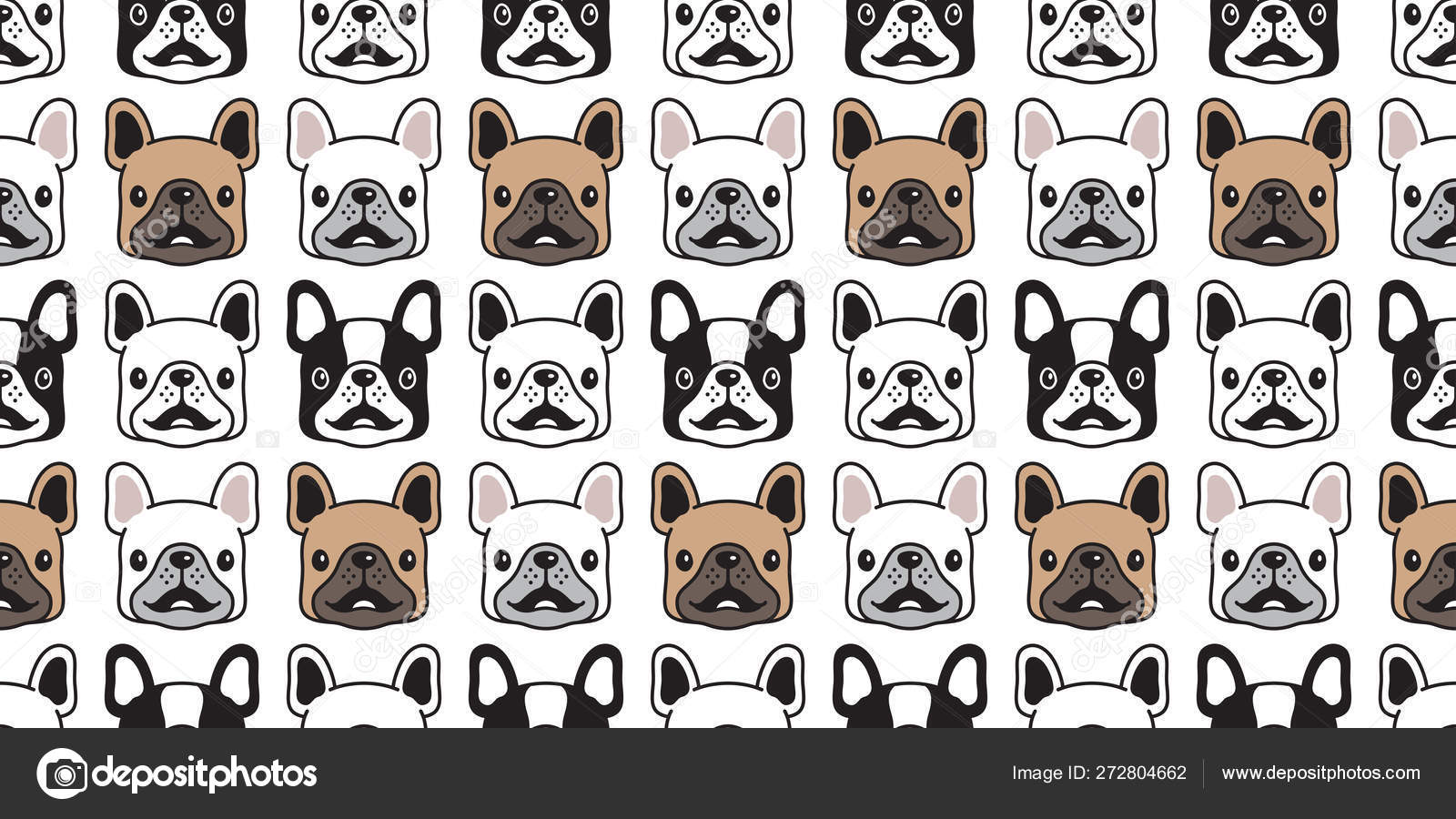 犬シームレスパターンベクトルフレンチブルドッグスマイルフェイス漫画スカーフ孤立リピート背景タイル壁紙イラストデザイン ストックベクター  ©CNuisin 272804662, image size:1600x900