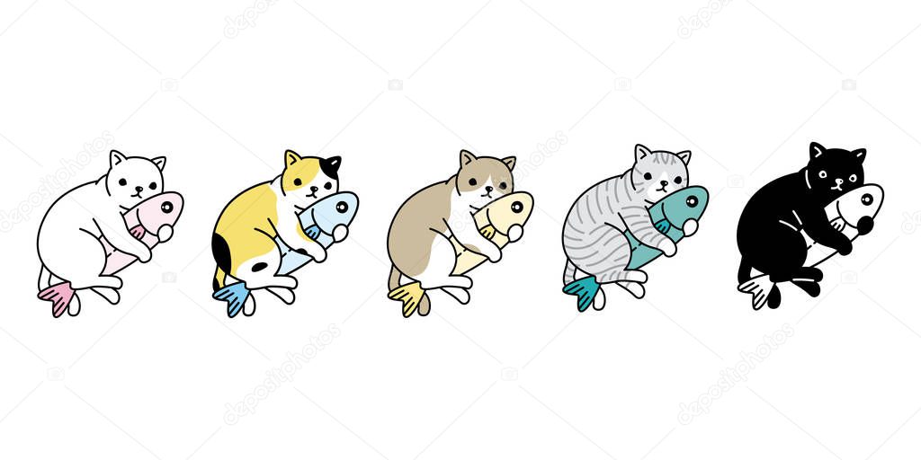 cat vector kitten calico icon hug fish salmon tuna symbol logo cartoon character doodle illustration design