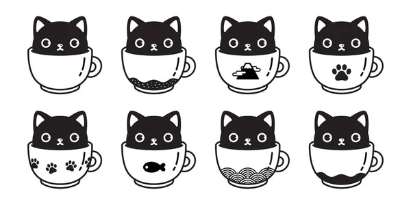 猫矢量图标小猫咖啡杯爪卡利科标志鱼符号卡通人物插图涂鸦设计 — 图库矢量图片