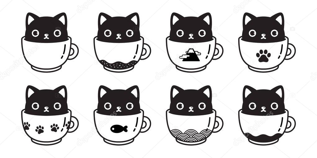cat vector icon kitten coffee cup paw calico logo fish symbol cartoon character illustration doodle design