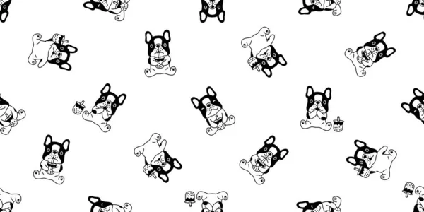 犬シームレスパターンフレンチブルドッグボバティーベクトルバブルミルクティー漫画スカーフ孤立タイル背景繰り返し壁紙落書きイラストデザイン — ストックベクタ