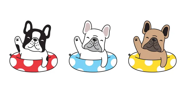 Cão Vetor Francês Bulldog Ícone Piscina Anel Personagem Desenho Animado — Vetor de Stock