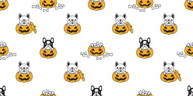 köpek dikişsiz desen fransız bulldog vektör Halloween kabak kemik eşarp izole tekrar duvar kağıdı fayans arka plan karikatür illüstrasyon doodle tasarım