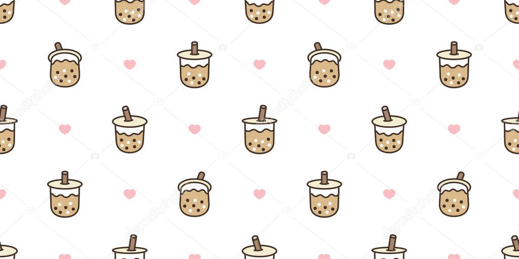 Boba tea seamless pattern vector bubble milk tea heart valentine scarf isolated repeat wallpaper tile background illustration doodle design
