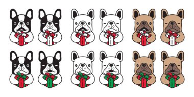 köpek vektör fransız bulldog Noel Hediye kutusu Noel baba evcil hayvan simgesi çizgi film karakter sembol ırk illüstrasyon tasarımı