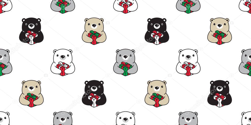 Bear seamless pattern Christmas vector polar bear Gift box Santa Claus hat scarf isolated cartoon repeat background tile wallpaper illustration doodle design