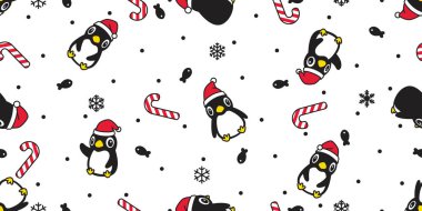 Penguen desensiz Noel Baba, şapka, kamış kamışlı atkı. Duvar kâğıdı arka plan karikatür çizimi çizimi.