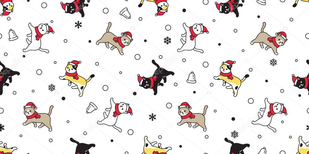 Cat seamless pattern Christmas vector Santa Claus hat kitten snowflake bell cartoon scarf isolated repeat wallpaper tile background illustration doodle design