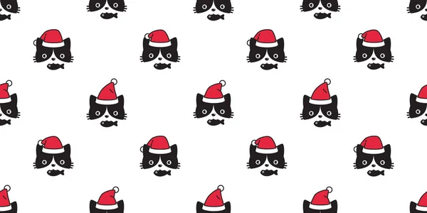 Cat Seamless Pattern Christmas Vector Santa Claus Hat Kitten Head — Stock Vector