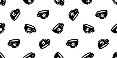 Kedi patisi köpek ayak izi, dikişsiz kahve fincanı, yavru kedi, çay, süt, süt, hayvan, eşarp izole arka plan karikatür, duvar kâğıdı, karalama, siyah tasarım.