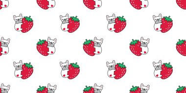 Kusursuz desenli Fransız bulldog köpek yavrusu çilekli meyve meyvesi hayvan vektörü Duvar kağıdı eşarbı izole edilmiş karo karikatür hayvan çizimi tasarımı