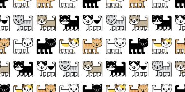 Kedi pürüzsüz desenli kedi yavrusu vektörü. Ev hayvanı eşarbı. Arka plan çizgi film hayvani fayanslı duvar kâğıdı çizimi tasarımı.