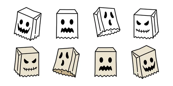 Ghost Vector Griezelig Pictogram Halloween Papieren Zak Logo Symbool Cartoon — Stockvector