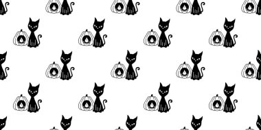 Kedi pürüzsüz desenli Cadılar Bayramı kedisi yavru kedi vektör balkabağı çizgi filmi Duvar kağıdı eşarbı izole edilmiş karo arka plan karakteri karalama çiziminde oturuyor