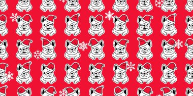 Köpek desensiz Noel Buldog Noel Baba şapkalı kar tanesi taşıyıcı eşarp izole çizgi film Duvar kağıdı döşeme kırmızı çizim