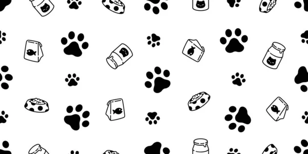 Cat Paw Seamless Pattern Footprint Kitten Food Bowl Milk Calico — Stock Vector