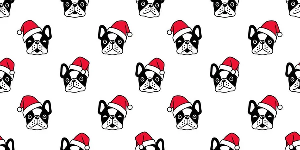 犬のシームレスなパターンクリスマスフランスのブルドッグサンタクロースの帽子ベクトルヘッドスカーフ隔離された漫画の繰り返し壁紙の背景タイルイラストデザイン — ストックベクタ
