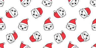 Kedi desensiz Noel Baba şapkalı kedi yavrusu başlıklı çizgi film eşarbı izole edilmiş. Duvar kâğıdı döşeme arkaplan çizimi beyaz tasarım.